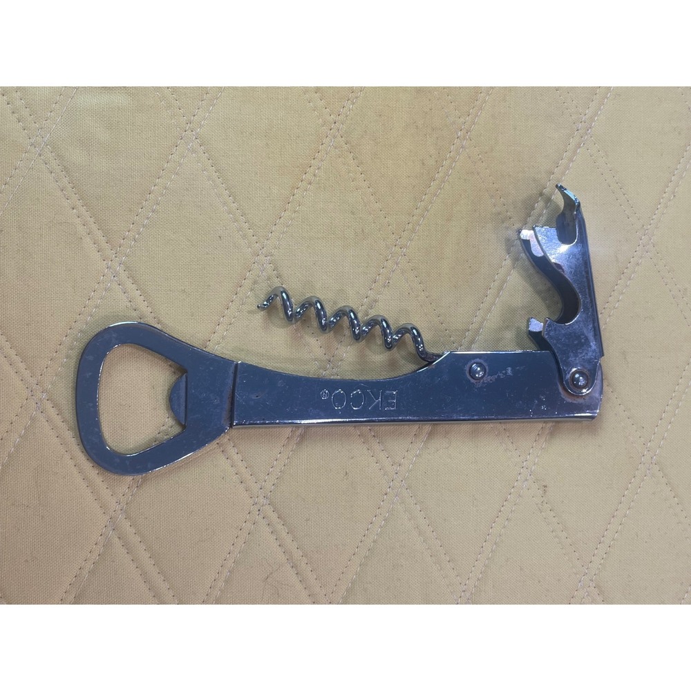 Vintage EKCO Bottle Opener Corkscrew Can Punch Multi-Tool Chrome Barware USA